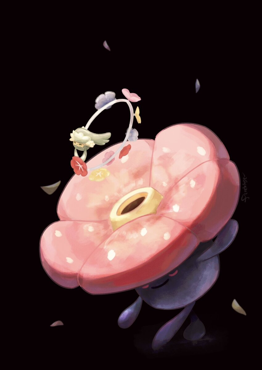 black_background blue_skin closed_eyes closed_mouth colored_skin comfey commentary fireblast floating flower flower_wreath gen_1_pokemon gen_7_pokemon highres nintendo no_humans pokemon pokemon_(creature) rafflesia_(flower) simple_background vileplume