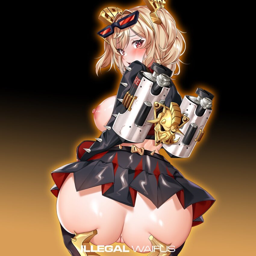 1girl artist_name ass ass_focus black_boots black_jacket black_shirt black_skirt blonde_hair blush boots breasts burnice_white butt_crack cameltoe eyewear_on_head fire flamethrower glowing gold hair_ornament high_heel_boots high_heels huge_ass illegalwaifus jacket large_breasts looking_at_viewer looking_back miniskirt nipples no_bra no_panties open_mouth pussy raised_eyebrow red_eyes red_jacket red_skirt seiza self-upload shiny_skin shirt short_hair sitting skirt solo sons_of_calydon spiked_belt spiked_boots spiked_jacket teeth twintails watermark weapon zenless_zone_zero