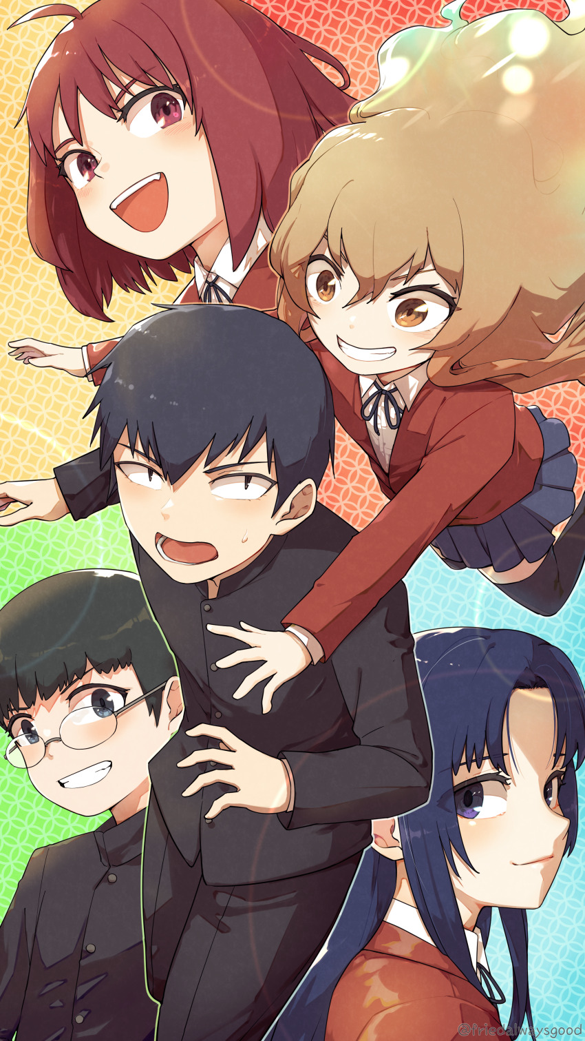 2boys 3girls absurdres ahoge aisaka_taiga black_jacket black_pants black_ribbon black_thighhighs blazer blue_eyes blue_hair blue_skirt brown_eyes brown_hair closed_mouth collared_shirt commentary_request cowboy_shot fcgc_(friedalwaysgood) feet_out_of_frame glasses green_hair grin hair_between_eyes highres jacket kawashima_ami kitamura_yuusaku kushieda_minori light_blush long_hair long_sleeves looking_at_another looking_at_viewer looking_to_the_side making-of_available mixed-language_commentary multiple_boys multiple_girls neck_ribbon oohashi_high_school_uniform open_mouth pants parted_bangs red_eyes red_hair red_jacket ribbon school_uniform shirt short_hair skirt smile sweatdrop takasu_ryuuji teeth thighhighs toradora! upper_body upper_teeth_only white_shirt