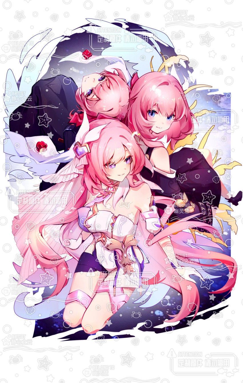 3girls angel_wings black_dress black_shorts blue_eyes breasts coat color_connection company_connection corset cyrene_(honkai:_star_rail) diamond-shaped_pupils diamond_(shape) dress elysia_(herrscher_of_human:_ego)_(honkai_impact) elysia_(honkai_impact) falkenhayn_mercenary_leader_(zenless_zone_zero) hair_color_connection highres honkai:_star_rail honkai_(series) honkai_impact_3rd inoue_marina jingxinzhiyun large_breasts long_hair mihoyo missing_commentary multiple_girls pink_hair purple_coat purple_eyes short_hair shorts symbol-shaped_pupils thigh_strap transparent_background veil very_long_hair voice_actor_connection watermark white_corset white_veil wings yanning zenless_zone_zero