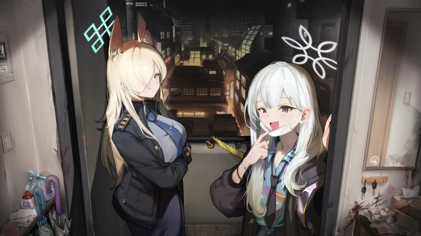 2girls absurdres animal_ear_fluff animal_ears aqua_halo bead_bracelet beads black_eyes black_gloves black_jacket black_necktie blonde_hair blue_archive blue_necktie blue_shirt bracelet breasts cityscape closed_mouth closed_umbrella commentary crossed_arms gloves grey_halo hair_over_one_eye halo hand_up highres indoors jacket jewelry kanna_(blue_archive) keji133 konoka_(blue_archive) large_breasts long_hair long_sleeves looking_at_viewer mask mask_pull mouth_mask multiple_girls necktie night one_eye_covered open_mouth shirt smile standing umbrella white_hair white_mask