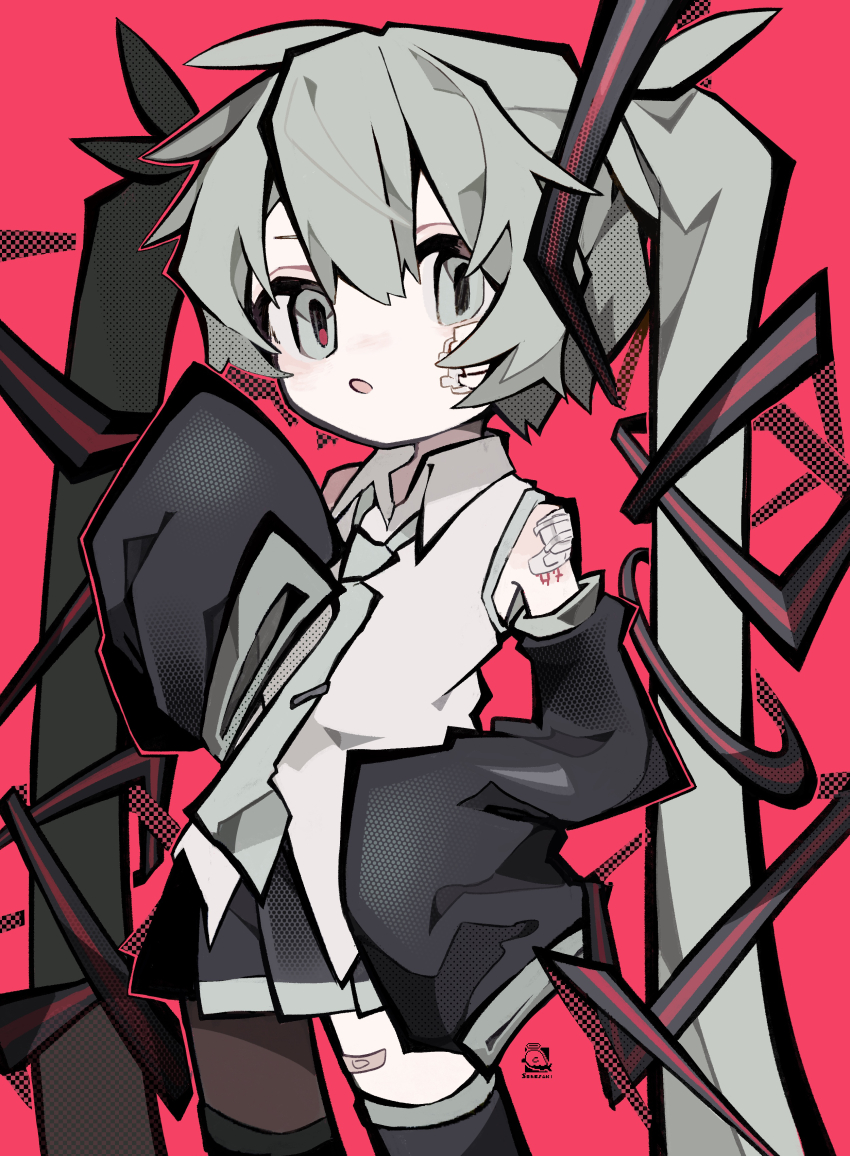 1girl :o absurdres ahoge bandaid_on_thigh bare_shoulders black_skirt black_sleeves black_thighhighs collared_shirt commentary contrapposto cowboy_shot detached_sleeves double-parted_bangs flat_chest gauze gauze_on_cheek gauze_on_shoulder grey_eyes grey_hair grey_necktie grey_trim hair_between_eyes hair_ornament halftone hand_on_own_hip hand_up hatsune_miku highres long_hair long_sleeves looking_at_viewer miniskirt necktie no_nose open_mouth pale_skin pleated_skirt puffy_long_sleeves puffy_sleeves red_background shirt simple_background skirt sleeveless sleeveless_shirt sleeves_past_fingers sleeves_past_wrists solo soresaki standing thighhighs twintails very_long_hair vocaloid white_shirt wide_sleeves zettai_ryouiki