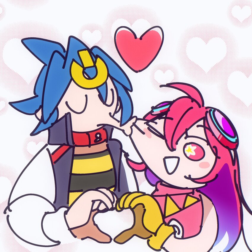 1boy 1girl digimon goggles goggles_on_head happy hetero highres kiss kizuna_(digimon) pink_eyes pink_hair smile
