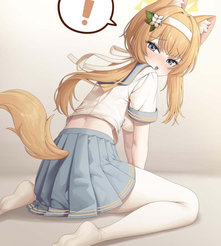 ! 1girl alternate_animal_ears animal_ear_fluff animal_ears blue_archive blue_eyes blue_skirt blush dated_commentary flower fox_ears fox_tail hair_flower hair_ornament halo highres long_hair low_ponytail mari_(blue_archive) metaljelly open_mouth orange_hair pantyhose pleated_skirt ponytail short_sleeves skirt solo speech_bubble spoken_exclamation_mark tail white_flower white_pantyhose yellow_halo