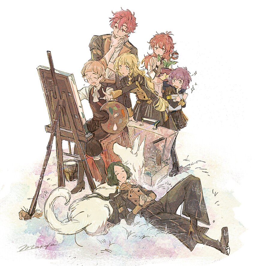 3boys 3girls animal ascot bernadetta_von_varley black_pants black_vest blue_eyes blunt_bangs blush book braid bucket carnivorous_plant dog easel fire_emblem fire_emblem:_three_houses garreg_mach_monastery_uniform glasses grass green_hair hand_on_own_face hapi_(fire_emblem) highres holding holding_book ignatz_victor ingrid_brandl_galatea jacket lapels leaning_forward leaning_on_animal linhardt_von_hevring long_hair long_sleeves lying multiple_boys multiple_girls nintendo on_back open_clothes open_jacket open_mouth outstretched_arm own_hands_clasped own_hands_together painting_(action) painting_(object) paint_palette pants parted_bangs plant pleated_skirt pointing ponytail potted_plant purple_hair red_eyes red_hair rimless_eyewear round_eyewear school_uniform shirt shoes short_hair side_braid simple_background single_braid sitting skirt sleeping sparkle standing suitcase sylvain_jose_gautier venus_flytrap very_long_hair vest white_ascot white_background white_dog white_shirt white_skirt yuki_1217k