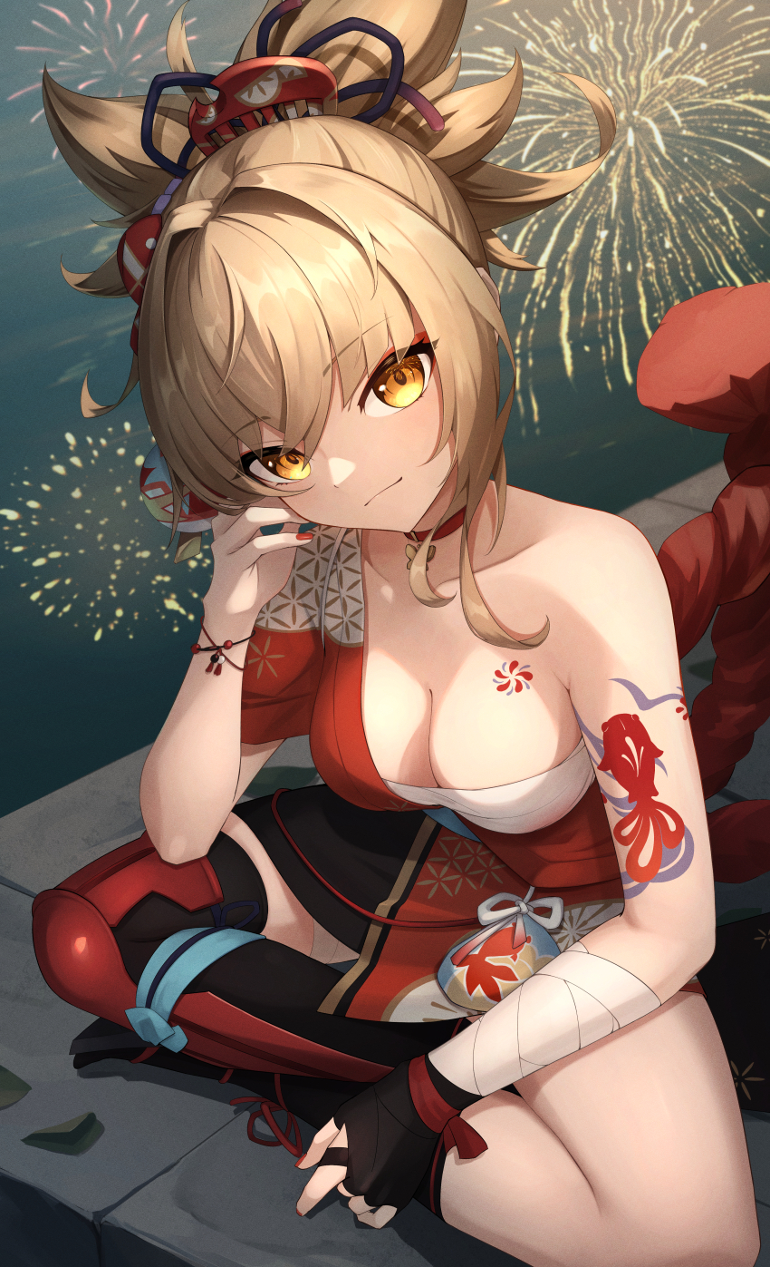 1girl absurdres aerial_fireworks arm_tattoo asymmetrical_hair bandaged_wrist bandages black_gloves blonde_hair breasts chest_sarashi chest_tattoo closed_mouth elbow_rest eyeliner fingerless_gloves fireworks fish_tattoo flower_tattoo genshin_impact gloves hadanugi_dousa hair_intakes hair_ornament head_rest high_ponytail highres indian_style japanese_clothes kanzashi kimono kinchaku long_hair looking_at_viewer makeup medium_breasts nail_polish open_clothes open_kimono orange_eyes orange_kimono ponytail pouch red_eyeliner red_nails rope sarashi shimenawa shin_guards short_ponytail sidelocks single_bare_shoulder single_shin_guard sitting smile solo tattoo tatty thighs wristband yoimiya_(genshin_impact)