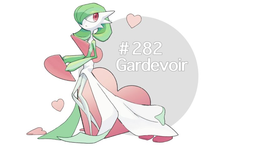 bob_cut character_name colored_skin dress gardevoir gen_3_pokemon green_hair green_skin heart highres multicolored_skin mxlaghrsuk33yws nintendo no_feet parted_lips pink_eyes pokemon pokemon_(creature) simple_background two-tone_skin white_dress white_skin