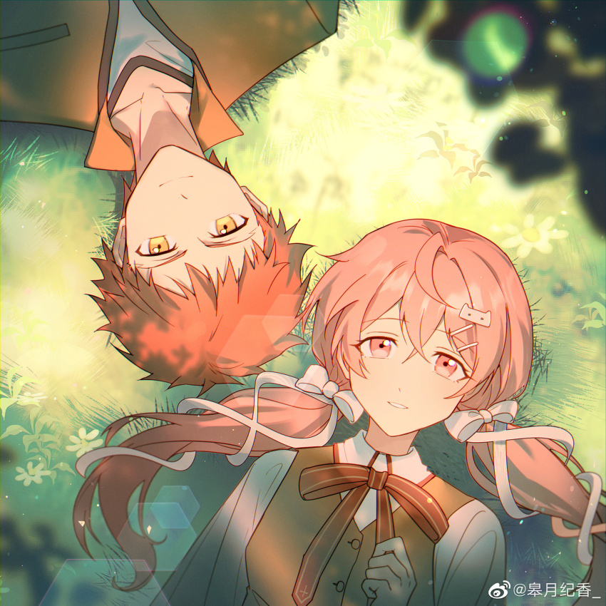 1girl arch black_skirt blush bow breasts brown_vest collared_shirt cross cross_print emiya_shirou fate/stay_night fate_(series) gaoyue_jixiang garden hair_ornament hair_ribbon highres homurabara_academy_school_uniform igote indoors long_hair long_sleeves looking_at_viewer lying multiple_girls neck_ribbon non-web_source oc_x_canon on_floor on_side open_mouth original outdoors pink_eyes pink_hair pleated_skirt print_ribbon puffy_short_sleeves puffy_sleeves red_hair red_ribbon ribbon school_uniform shirt short_sleeves skirt smile twintails two_side_up unlimited_blade_works_(reality_marble) vest white_shirt