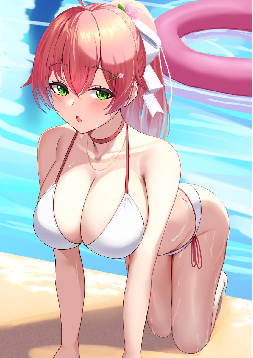 1girl absurdres ahoge all_fours arisugawa_ya bare_shoulders bent_over bikini blush bow breasts choker cleavage collarbone commentary_request flower flower_necklace green_eyes hair_between_eyes hair_bow hair_ornament hairclip highres hololive jewelry large_breasts long_hair looking_at_viewer necklace open_mouth pink_choker pink_hair pink_innertube ponytail pool poolside sakura_miko side-tie_bikini_bottom solo swim_ring swimsuit very_long_hair virtual_youtuber water wet white_bikini