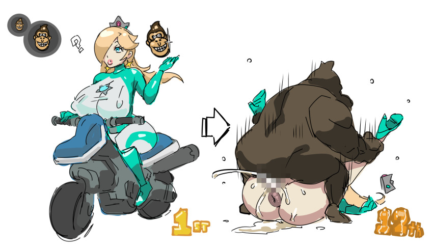 1boy 1girl ? anus ass bestiality blonde_hair blue_eyes censored crown donkey_kong donkey_kong_(series) highres kanden-ki leg_grab lying mario_(series) mario_kart mating_press monkey mosaic_censoring motor_vehicle nintendo on_vehicle rosalina sex simple_background white_background