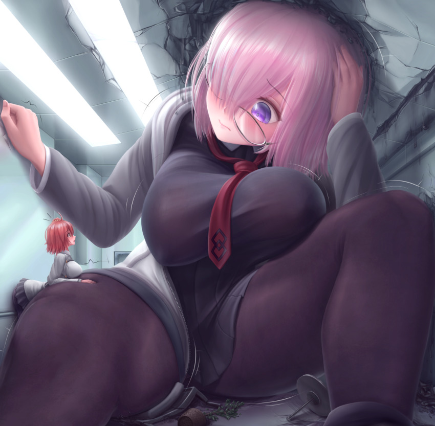 2girls alternate_hair_color black_shirt black_skirt blush breasts chaldea_uniform commentary_request crack cracked_ceiling cracked_wall fate/grand_order fate_(series) flower_pot fujimaru_ritsuka_(female) giant giantess glasses grey_jacket hair_over_one_eye highres indoors jacket large_breasts mash_kyrielight miniskirt multiple_girls necktie orange_hair pantyhose pink_hair purple_eyes red_neckwear rubble shirt short_hair skirt thick_thighs thighs zen-gts