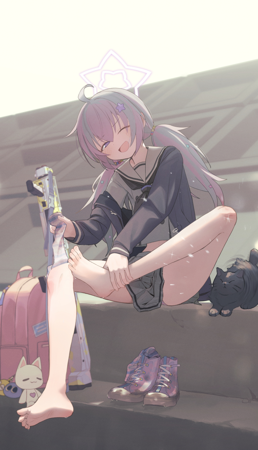 1girl absurdres backpack bag barefoot blue_archive blush cat feet highres kabanoki long_hair looking_at_viewer low_twintails one_eye_closed open_mouth purple_eyes reisa_(blue_archive) shoes socks soles toes twintails unworn_shoes unworn_socks