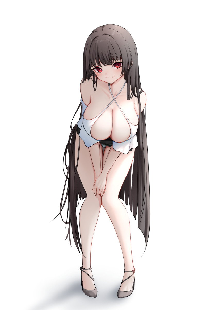 1girl amaterasu_(himegami_emaki) bending bent_over bikini black_hair breasts cleavage defaultkavy full_body high_heels highres hime_cut himegami_emaki large_breasts long_hair looking_at_viewer red_eyes smile solo swimsuit tachi-e white_background white_bikini