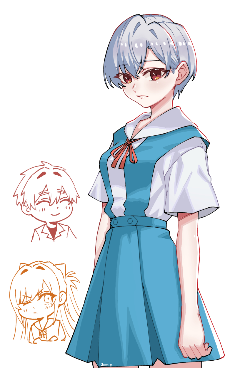 1boy 2girls ^_^ absurdres aijou_rentarou arms_at_sides artist_name ayanami_rei ayanami_rei_(cosplay) blue_skirt chibi chibi_inset closed_eyes closed_mouth commentary cosplay cowboy_shot eiai_nano english_commentary expressionless grey_hair hair_between_eyes highres ikari_shinji ikari_shinji_(cosplay) inda_karane jjum_pp kimi_no_koto_ga_dai_dai_dai_dai_daisuki_na_100-nin_no_kanojo look-alike looking_at_viewer multiple_girls neck_ribbon neon_genesis_evangelion one_eye_closed red_eyes red_ribbon ribbon school_uniform shirt short_hair short_sleeves simple_background skirt smile souryuu_asuka_langley souryuu_asuka_langley_(cosplay) standing suspender_skirt suspenders tokyo-3_middle_school_uniform v-shaped_eyebrows white_background white_shirt