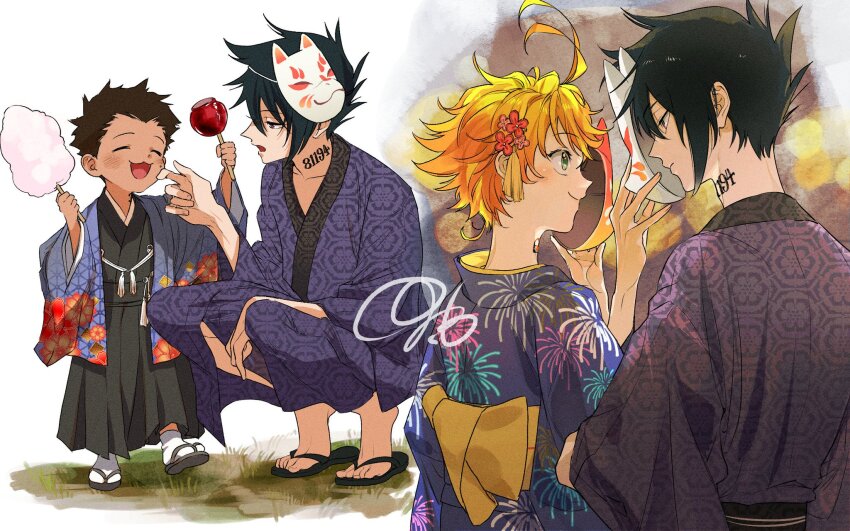 1girl 2boys black_hair black_hakama candy_apple closed_eyes cotton_candy dark-skinned_male dark_skin emma_(yakusoku_no_neverland) flower food fox_mask green_eyes hair_flower hair_ornament hakama haori highres holding holding_cotton_candy holding_food japanese_clothes kimono looking_at_another m_m_pb mask mask_on_head multiple_boys neck_tattoo number_tattoo obi open_mouth orange_hair phil_(yakusoku_no_neverland) purple_kimono ray_(yakusoku_no_neverland) sandals sash squatting summer_festival tattoo yakusoku_no_neverland yellow_sash yukata zouri