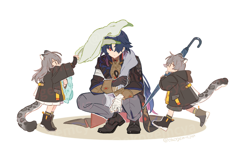 1girl 2boys bandaged_hand bandages black_footwear black_gloves blade_(honkai:_star_rail) blue_hair brown_coat brown_shorts caelus_(honkai:_star_rail) coat commentary_request full_body gloves grey_hair grey_pants hair_over_one_eye helping holding holding_umbrella honkai:_star_rail honkai_(series) hood hooded_jacket jacket long_hair multiple_boys okogemcya pants red_eyes running short_hair shorts simple_background snow_leopard_boy snow_leopard_ears snow_leopard_girl snow_leopard_tail squatting stelle_(honkai:_star_rail) tiptoes towel towel_around_neck trailblazer_(honkai:_star_rail) umbrella white_background |_|