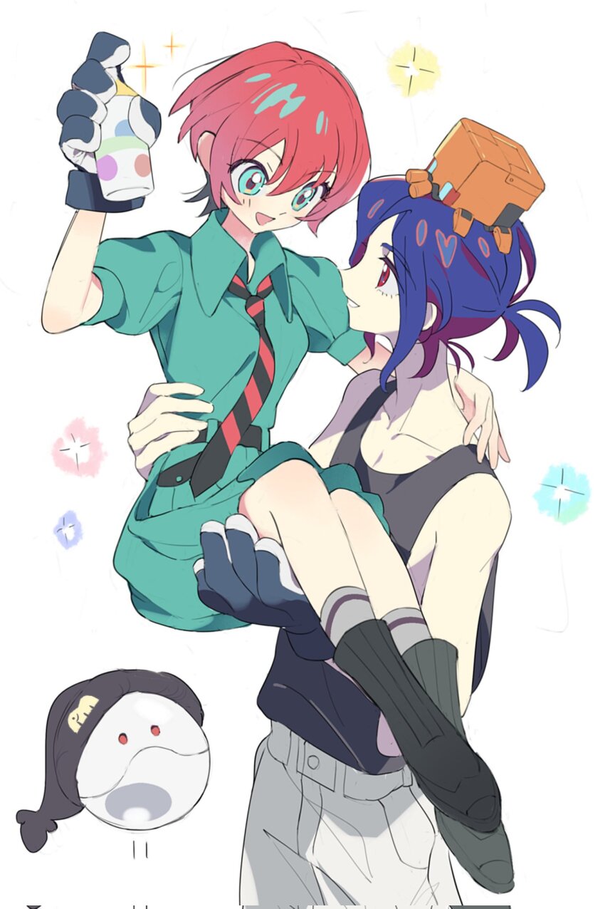 1boy 1girl amate_yuzuriha aqua_eyes aqua_shirt aqua_skirt beanie black_hat black_tank_top blue_hair carrying carrying_person collared_shirt commentary conch_(gundam) corrupted_twitter_file frostfall_0 gloves gundam gundam_gquuuuuux hair_between_eyes haro hat hetero highres looking_at_another necktie pants pleated_skirt princess_carry red_eyes red_hair shirt short_hair short_sleeves shuji_ito sideless_shirt simple_background skirt smile spray_paint striped_necktie tank_top white_background white_pants