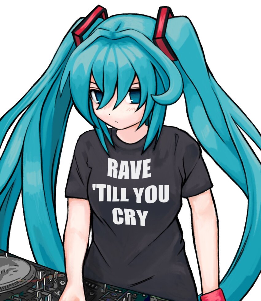 1girl aqua_eyes aqua_hair black_shirt blush breasts closed_mouth clothes_writing commentary dj dot_mouth english_commentary hair_between_eyes hair_intakes hair_ornament hatsune_miku highres long_bangs long_hair mixing_console print_shirt shirt short_sleeves sidelocks simple_background small_breasts solo t-shirt upper_body v-shaped_eyebrows very_long_hair vocaloid white_background wristband zoolpal