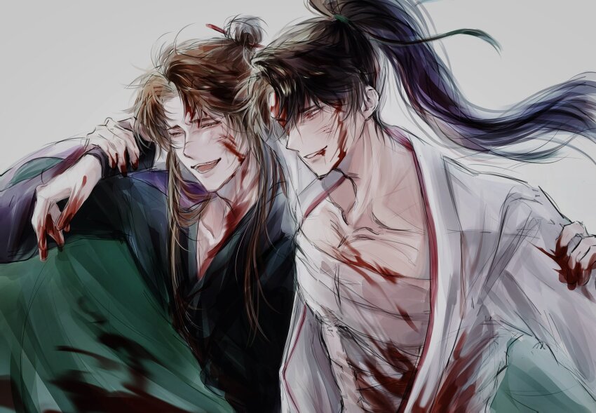 2boys arm_around_shoulder bandaged_chest bandages black_hair black_hanfu blood blood_on_clothes blood_on_face blood_on_hands brown_hair cheongmyeong_(return_of_the_mount_hua_sect) chinese_clothes closed_eyes collarbone covered_pectorals green_ribbon green_robe grey_background hair_bun hair_ribbon hanfu high_ponytail highres holding_another&#039;s_wrist ia_o00i injury korean_commentary long_hair male_focus multiple_boys open_clothes open_mouth open_robe pectorals ponytail red_eyes return_of_the_mount_hua_sect ribbon robe sidelocks simple_background single_hair_bun smile tang_bo_(return_of_the_mount_hua_sect) upper_body white_hanfu white_robe yaoi