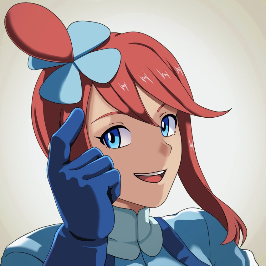 1girl blue_eyes blue_gloves blue_jacket game_freak gloves hair_ornament highres jacket looking_at_viewer nintendo one_side_up open_mouth pokemon pokemon_bw red_hair short_hair_with_long_locks sidelocks skyla_(pokemon) smile solo vivivoovoo