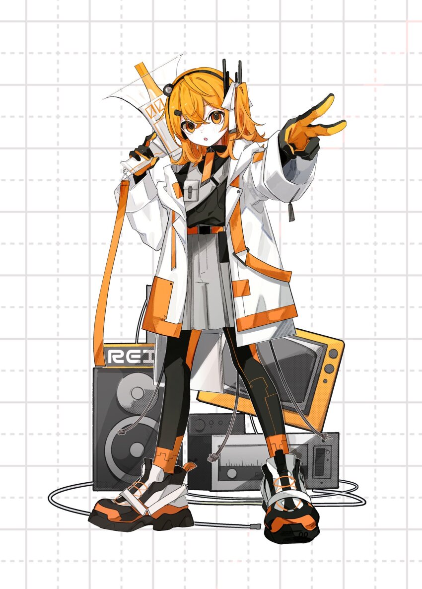 1girl a.i._voice adachi_rei adapted_costume amplifier black_gloves black_pantyhose black_shirt crossed_bangs full_body gloves hair_between_eyes hair_ribbon headlamp highres holding holding_megaphone jacket legs_apart megaphone open_clothes open_jacket orange_gloves orange_hair outstretched_arm pantyhose radio_antenna ribbon shirt shoes side_ponytail sirotuki sneakers solo standing television utau v white_background white_jacket white_ribbon white_shoes