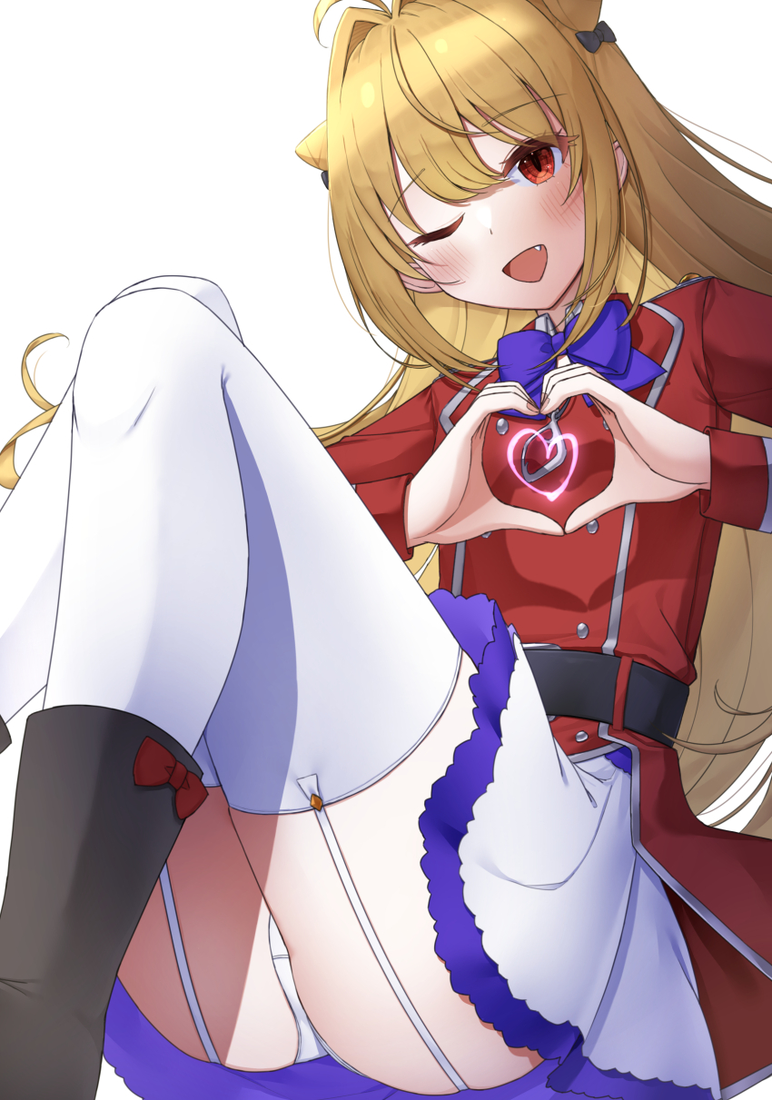 1girl absurdres ahoge belt black_belt black_boots blonde_hair boots bow bowtie cone_hair_bun fang footwear_bow garter_straps hair_bun hair_intakes heart heart_hands highres hikikomari_kyuuketsuki_no_monmon jacket knees_up long_hair one_eye_closed open_mouth panties pantyshot purple_bow purple_bowtie purple_trim red_bow red_eyes red_jacket simple_background sitting skirt solo terakomari_gandezblood thighhighs underwear user_tyad4272 white_background white_garter_straps white_panties white_skirt white_thighhighs
