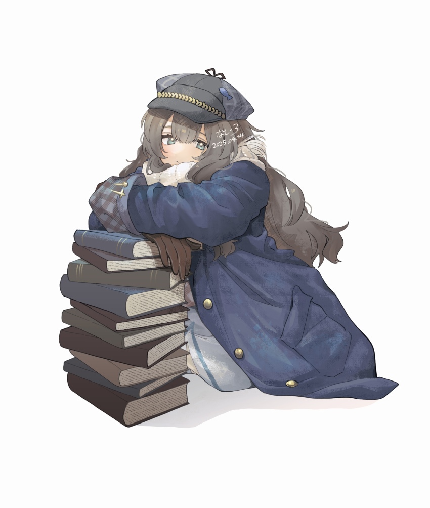 1girl :/ absurdres artist_name blue_coat blue_eyes book book_stack brown_gloves brown_hair coat dated dress full_body gloves grey_hat hat highres long_hair looking_at_viewer marcus_(reverse:1999) nashiro_(v0_llp) reverse:1999 scarf sitting solo white_background white_dress white_scarf