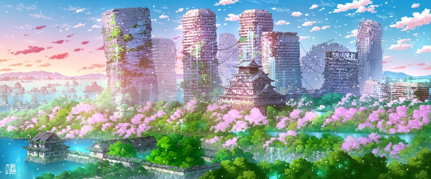 abandoned absurdres architecture blue_sky building cherry_blossoms cloud commentary_request dilapidated east_asian_architecture flood highres japanese_castle mountain no_humans original outdoors overgrown plant post-apocalypse ruins scenery sky skyscraper sunset tokyogenso tree vines water waterfall