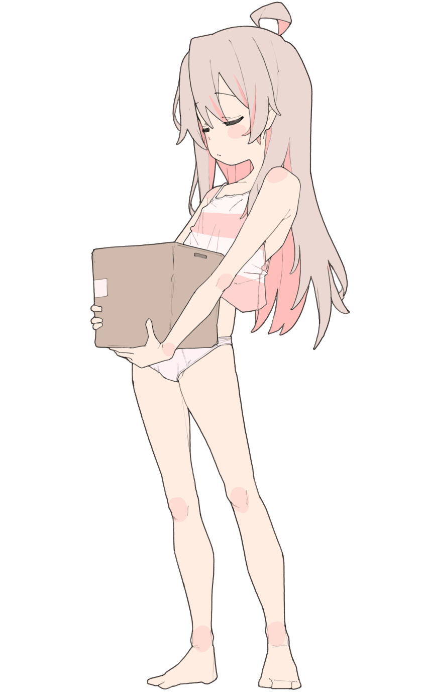 1girl absurdres ahoge blush_stickers box camisole cardboard_box carrying closed_eyes colored_inner_hair full_body highres loli long_hair multicolored_hair onii-chan_wa_oshimai! oyama_mahiro panties pink_hair s10021 simple_background solo standing underwear white_background