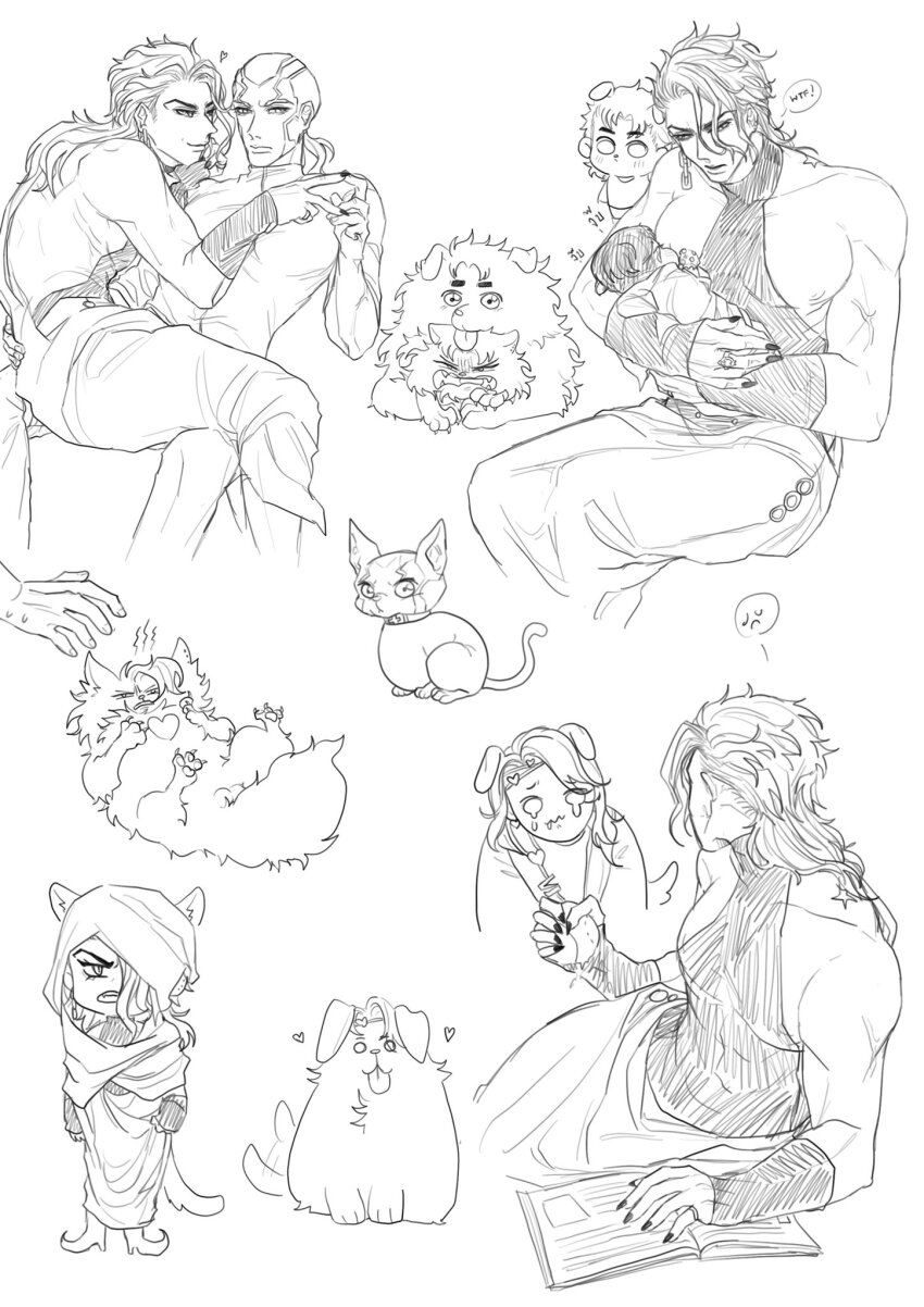 5boys animalization baby book cat chain12123871 dio_brando dog enrico_pucci father_and_son giorno_giovanna haruno_shiobana heart highres jojo_no_kimyou_na_bouken jonathan_joestar large_pectorals long_hair male_focus male_lactation multiple_boys multiple_views muscular muscular_male nail_polish nipples pectorals priest sitting sitting_on_lap sitting_on_person vanilla_ice yaoi