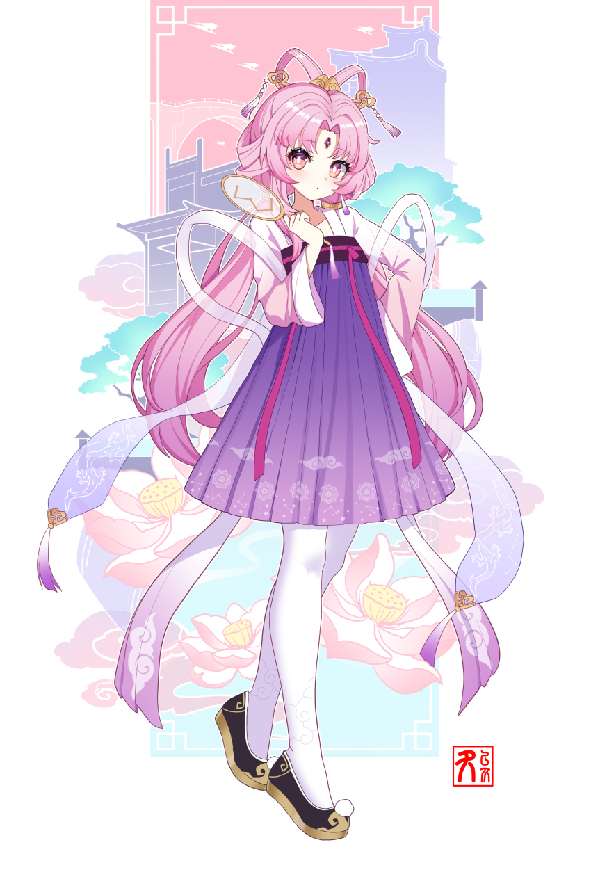 1girl absurdres alternate_costume black_footwear bow-shaped_hair bright_pupils chinese_clothes earrings ff2074 forehead_jewel fu_xuan_(honkai:_star_rail) fu_xuan_(in_leisure)_(honkai:_star_rail) full_body hand_fan hand_on_own_hip hand_up hanfu highres holding holding_fan honkai:_star_rail honkai_(series) jewelry long_hair long_sleeves looking_at_viewer pantyhose pink_eyes pink_hair qixiong_ruqun shoes simple_background standing tassel tassel_earrings white_pantyhose white_pupils