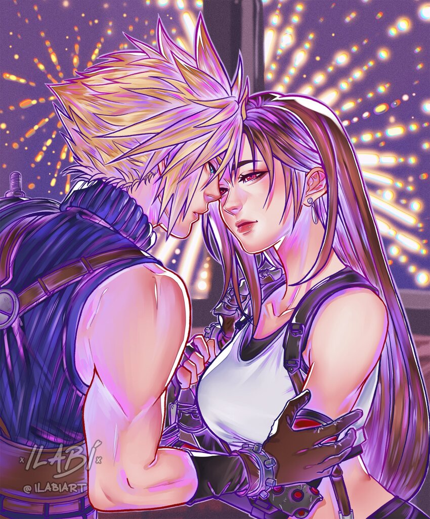 1boy 1girl aerial_fireworks armor bare_shoulders black_gloves black_hair black_skirt black_sports_bra blue_eyes blue_sweater breasts brown_gloves brown_hair cloud_strife collarbone couple crop_top earrings ferris_wheel_interior final_fantasy final_fantasy_vii final_fantasy_vii_rebirth final_fantasy_vii_remake fingerless_gloves fireworks gloves gondola hair_behind_ear hand_on_another&#039;s_shoulder highres ilabarattolo imminent_kiss indoors jewelry large_breasts lips long_hair looking_at_another night night_sky red_eyes red_lips ribbed_sweater short_hair shoulder_armor signature single_arm_guard single_bare_shoulder single_earring skirt sky sleeveless sleeveless_turtleneck spiked_hair sports_bra suspender_skirt suspenders sweater tank_top tifa_lockhart turtleneck turtleneck_sweater twitter_username upper_body white_tank_top window