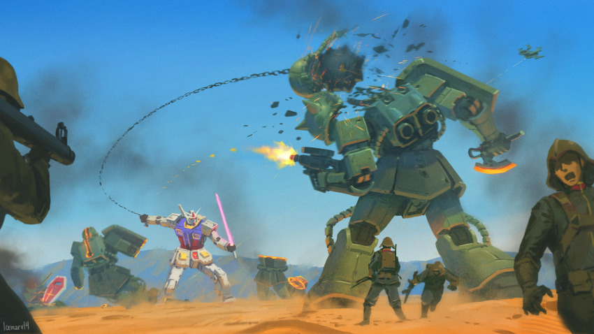 4boys absurdres aiming aircraft artist_name assault_rifle asymmetrical_dual_wielding axe ball_and_chain_(weapon) battle blue_sky combat_helmet commentary day debris desert diffraction_spikes dopp dual_wielding energy_sword english_commentary firing green_jacket green_pants gun gundam heat_hawk helmet highres holding holding_axe holding_gun holding_sword holding_weapon icemarv14 jacket mecha mecha_focus military_combat_uniform military_uniform mobile_suit mobile_suit_gundam mountainous_horizon multiple_boys open_mouth outdoors pants rifle rocket_launcher rpg_(weapon) running rx-78-2_gundam sand science_fiction shield sky smoke soldier sparks standing sword v-fin weapon wreckage zaku_ii zeon