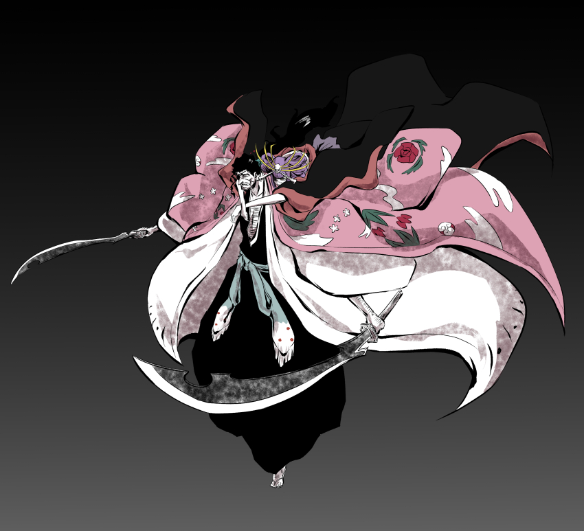 1boy 1girl absurdres bleach bleach:_sennen_kessen-hen highres holding holding_sword holding_weapon japanese_clothes katen_kyoukotsu katen_kyoukotsu_(shikai) ken_hollow kimono kyouraku_shunsui pink_kimono shikai shinigami simple_background sword weapon zanpakutou