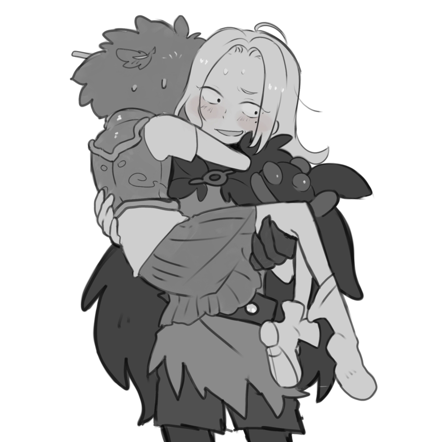 2girls amphibia anne_boonchuy armor blush breastplate cape carrying cowboy_shot fur_cape greyscale highres hug light_smile long_hair mole mole_under_eye monochrome multiple_girls parted_bangs parted_lips pleated_skirt princess_carry resistance_costume_(amphibia) samui522 sasha_waybright shoes short_hair single_shoe skirt socks white_background yuri