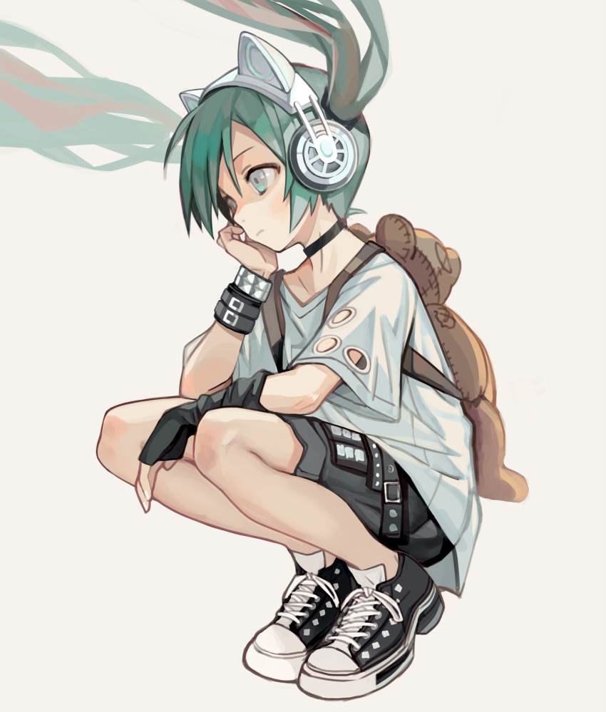 1girl animal_ear_headphones animal_ears aqua_hair armlet backpack bag black_choker black_footwear black_gloves black_shorts cat_ear_headphones choker closed_mouth converse elbow_gloves expressionless fake_animal_ears fingerless_gloves floating_hair gloves grey_background grey_eyes hand_on_own_cheek hand_on_own_face hatsune_miku head_rest headphones highres jewelry kari_kenji long_hair shirt shorts single_elbow_glove single_fingerless_glove solo squatting stuffed_animal stuffed_toy t-shirt teddy_bear twintails vocaloid white_headwear white_shirt