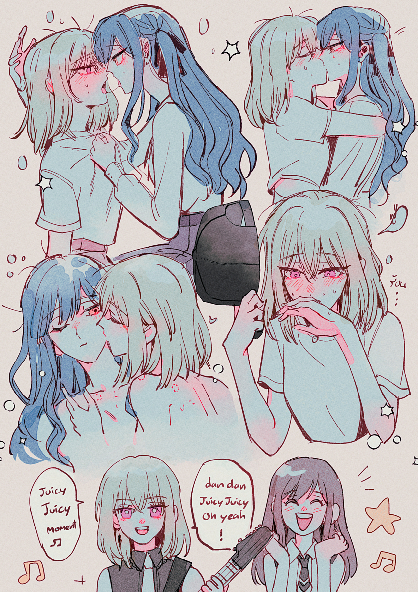 3girls absurdres bad_id bad_pixiv_id bang_dream! bang_dream!_it&#039;s_mygo!!!!! baseball_cap bite_mark black_hat black_necktie black_shirt blonde_hair blue_hair blush brown_hair clothes_grab commentary eighth_note english_text eye_contact hat heart highres kiss kissing_cheek long_hair long_sleeves looking_at_another maybecrosswise medium_hair misumi_uika multiple_girls musical_note necktie nude one_eye_closed open_mouth pink_eyes pink_skirt purple_eyes purple_skirt saliva saliva_trail shirt shirt_grab short_sleeves skirt sleeveless sleeveless_shirt smile speech_bubble star_(symbol) sumita_mana sweat togawa_sakiko white_shirt yuri