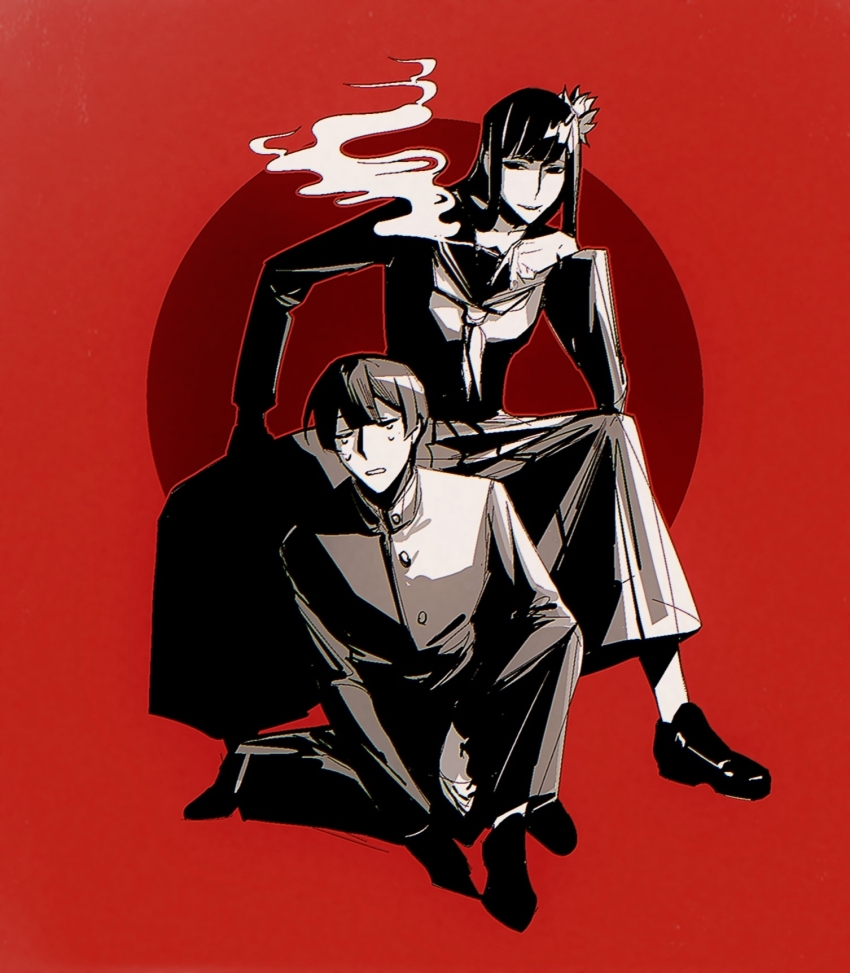 1boy 1girl asahi_sas_brutus brother_and_sister buttons cigarette closed_eyes contemporary crying final_fantasy final_fantasy_xiv full_body gakuran greyscale_with_colored_background highres holding holding_cigarette hyur legs_apart lily9726 long_hair neckerchief red_background school_uniform serafuku shoes short_hair siblings simple_background sitting smoke tears yotsuyu_goe_brutus