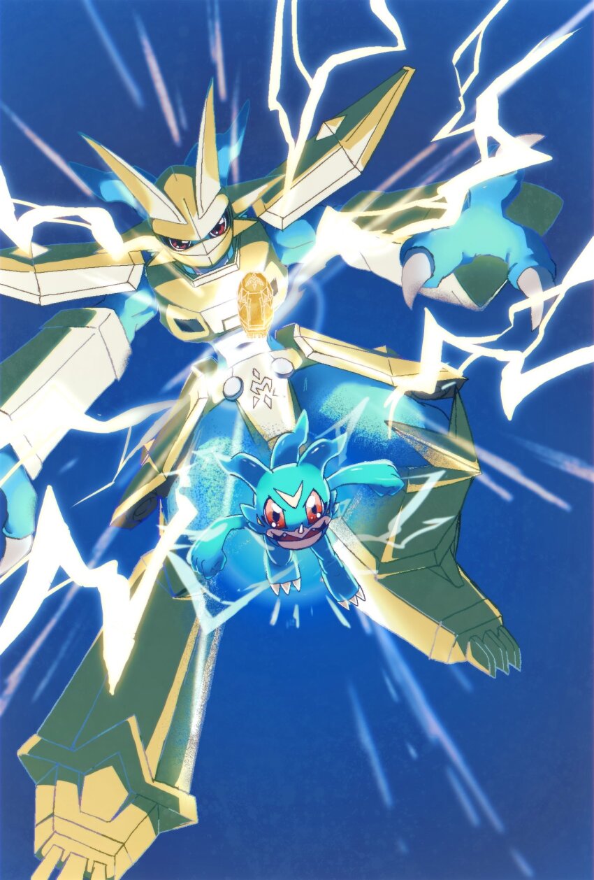 armor blue_background blue_scales blue_skin colored_skin digimental digimental_of_miracles digimon digimon_(creature) electricity gold_armor gold_helmet highres horns magnamon megane_mochi red_eyes simple_background single_horn v-mon