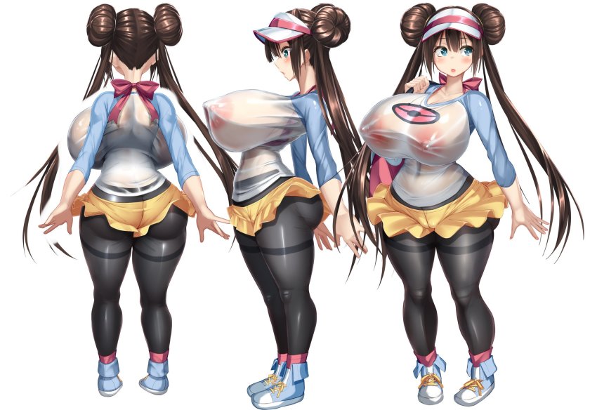 1girl alternate_breast_size ass backboob bag black_pantyhose blue_eyes blush bow bow_bra bra bra_pull bra_visible_through_clothes breasts brown_hair cameltoe reference_sheet clothes_pull covered_erect_nipples covered_navel creatures_(company) curvy double_bun full_body game_freak hair_bun handbag highres huge_ass huge_breasts impossible_clothes kawahagitei large_areolae long_hair looking_at_breasts looking_away multiple_views nintendo pantyhose pantyhose_under_shorts perky_breasts pink_bra pink_ribbon pokemon pokemon_bw2 raglan_sleeves ribbon rosa_(pokemon) see-through_clothes see-through_shirt shirt shoes short_shorts shorts shortstack simple_background skin_tight skirt sneakers standing thick_thighs thighs tight_clothes tight_shirt tight_skirt twintails underwear very_long_hair visor_cap white_background wide_hips yellow_shorts yellow_skirt