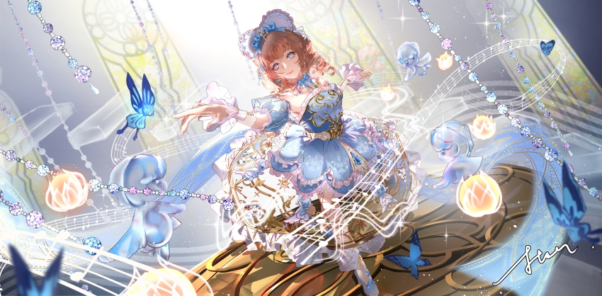 1girl absurdres argyle_clothes argyle_sleeves bare_shoulders blue_bow blue_bowtie blue_butterfly blue_dress blue_eyes blue_sleeves bonnet bow bowtie bug butterfly castle character_profile chinese_commentary classic_lolita closed_mouth collar commentary_request corset cross-laced_armwear curly_hair dancing detached_collar detached_sleeves doll dress drill_hair earrings eyelashes faewish_sprite footwear_bow fortissimo frilled_arm_warmers frilled_collar frilled_dress frills full_body hair_bow hair_ornament heart-shaped_bonnet high_heels highres in-universe_location indoors infinity_nikki insect jewelry light_particles lipstick lolita_fashion long_dress long_hair makeup miyouer multiple_hat_bows musical_note musical_note_hair_ornament musical_staff necklace nikki_(series) orange_hair puffy_short_sleeves puffy_sleeves pumps red_lips see-through_clothes see-through_dress shoes short_sleeves signature smile solo stained_glass stairs star_(symbol) star_print strapless strapless_dress timeless_melody_(infinity_nikki) white_arm_warmers white_bonnet white_collar white_corset white_shoes