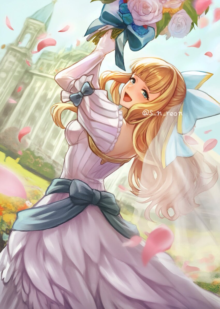 1girl backless_dress backless_outfit blonde_hair blue_eyes bow breasts bridal_veil bride castle charlotte_(fire_emblem) charlotte_(money_maiden)_(fire_emblem) dress fire_emblem fire_emblem_fates fire_emblem_heroes hair_bow highres long_hair looking_at_viewer medium_breasts nintendo official_alternate_costume s_n_reon smile solo veil wedding_dress white_dress