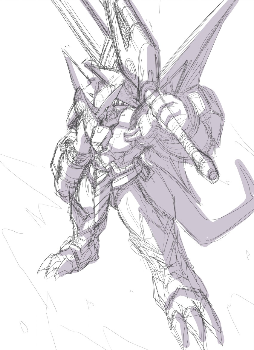 1boy armor claws digimon digimon_(creature) looking_at_viewer male_focus monochrome sketch solo sword tail victorygreymon weapon