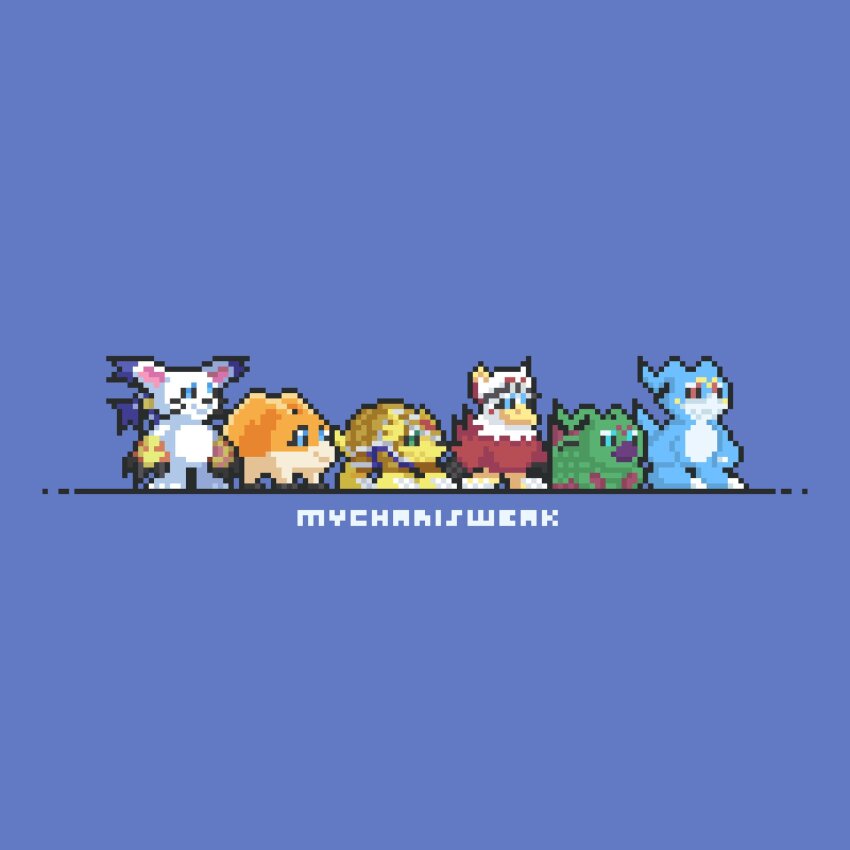 armadillo armadimon artist_name beak bird blue_background blue_eyes blue_scales body_fur brown_feathers bug cat digimon digimon_(creature) digimon_adventure_02 dragon feathers full_body group_picture hawkmon head_wings highres mycharisweak orange_fur patamon pixel_art simple_background tailmon talons v-mon white_fur wings wormmon