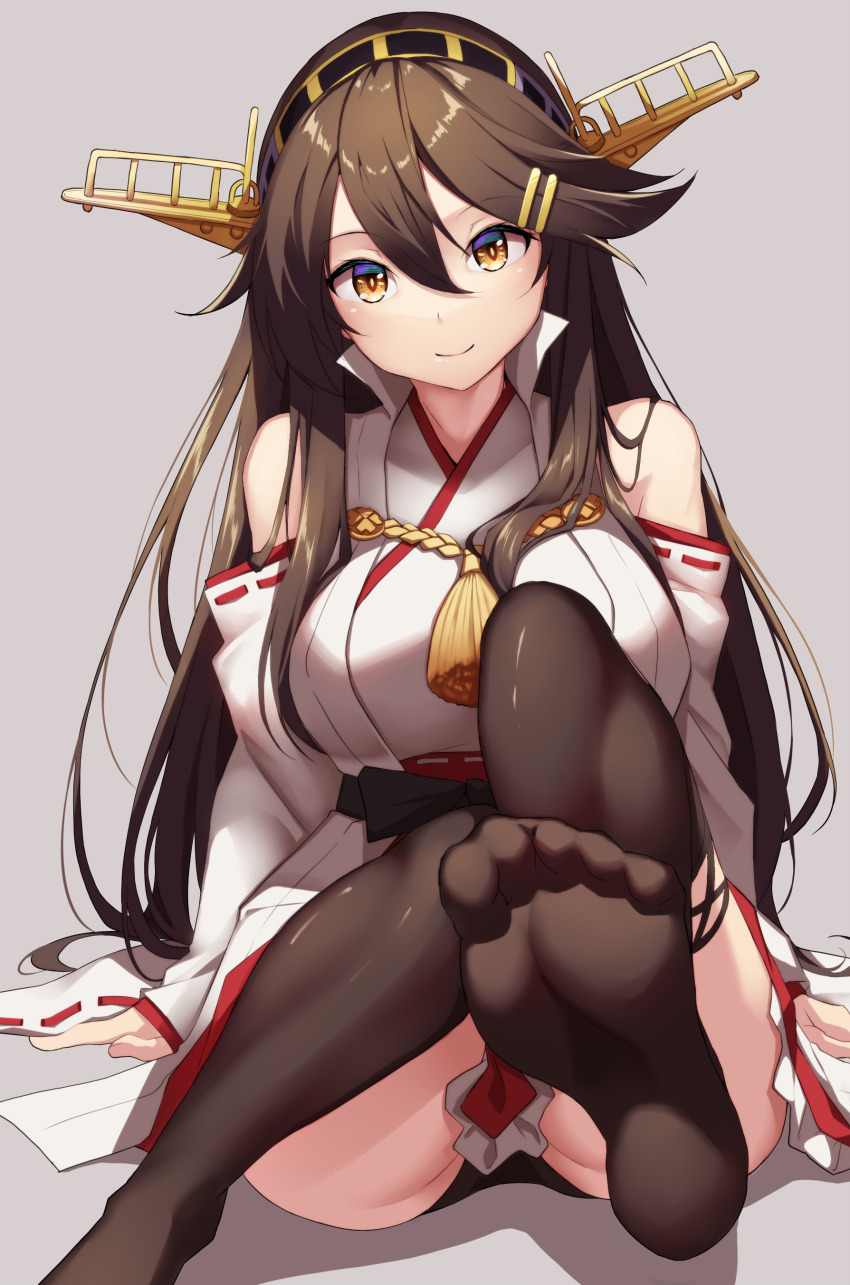 1girl absurdres bare_shoulders black_hair black_panties black_thighhighs blush breasts brown_eyes creek_(moon-sky) detached_sleeves grey_background hair_ornament hairband hairclip haruna_(kancolle) haruna_kai_ni_(kancolle) headgear highres japanese_clothes kantai_collection large_breasts long_hair looking_at_viewer nontraditional_miko panties ribbon-trimmed_sleeves ribbon_trim skirt smile solo thighhighs underwear