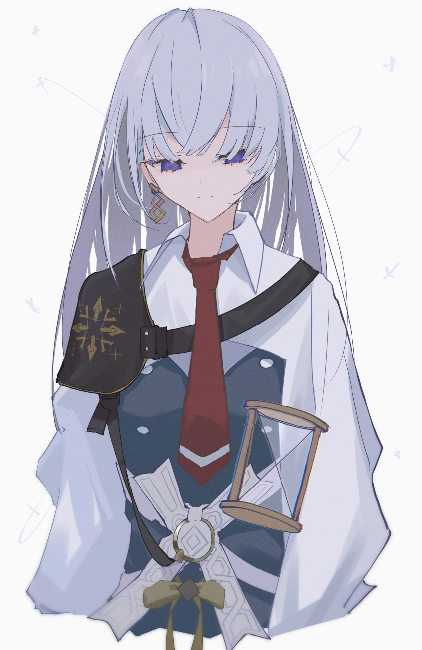 1girl absurdres arcaea black_skirt bow collared_shirt culumi_0416 earrings empty_eyes gloves hair_between_eyes highres insight_(arcaea) jewelry long_sleeves looking_down necktie pantyhose purple_eyes red_necktie shirt single_shoulder_pad skirt smile solo upper_body white_hair white_shirt yellow_bow