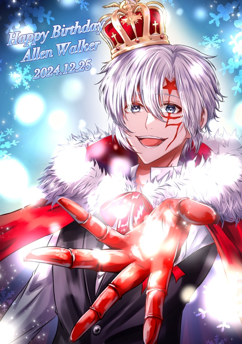 1boy allen_walker black_vest blue_background cape colored_extremities crown d.gray-man facial_mark fur-trimmed_cape fur_trim grey_eyes hair_between_eyes happy_birthday highres looking_at_viewer mimo0211 open_mouth red_cape red_ribbon red_robe ribbon robe royal_robe scar scar_on_face shirt short_hair sidelocks smile snowflakes snowing solo star_(symbol) star_facial_mark tongue vest white_fur white_hair white_shirt