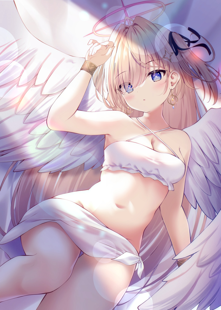 1girl absurdres angel angel_wings blonde_hair blue_eyes blush day feathered_wings hair_between_eyes halo highres light_rays liuliu long_hair looking_at_viewer no_panties open_mouth original solo solo_focus sunlight white_wings wings