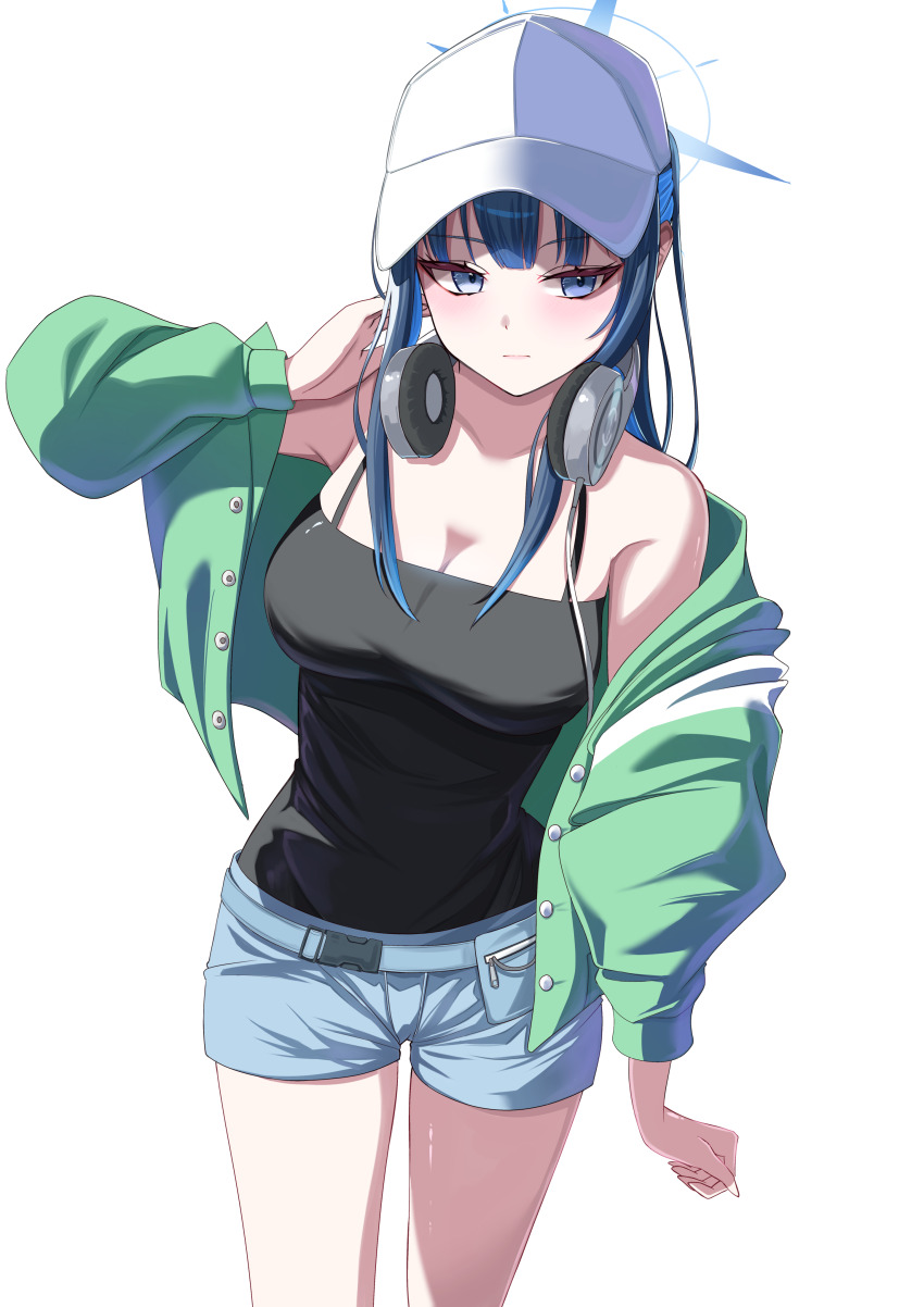 1girl absurdres bare_shoulders baseball_cap black_camisole black_hair blue_archive blue_eyes blue_hair breasts camisole cleavage colored_inner_hair cutoffs green_jacket grey_shorts halo hat headphones headphones_around_neck highres jacket large_breasts long_hair long_sleeves multicolored_hair nigori_(keydoor) off_shoulder open_clothes open_jacket ponytail saori_(blue_archive) saori_(swimsuit)_(blue_archive) short_shorts shorts sidelocks solo thighs white_hat