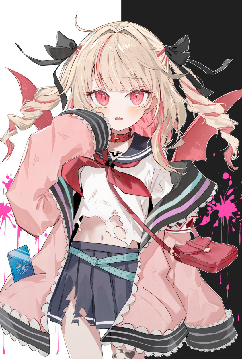 1girl bag bat_wings black_sailor_collar blood blunt_bangs collar colored_inner_hair cowboy_shot danganronpa:_trigger_happy_havoc danganronpa_(series) demon_girl demon_wings drill_hair grey_skirt highres jacket light_brown_hair long_sleeves looking_at_viewer makaino_ririmu makaino_ririmu_(4th_costume) miniskirt multicolored_hair navel neckerchief nijisanji open_clothes open_jacket pink_blood pink_eyes pink_wings pleated_skirt red_collar red_neckerchief ryoma_(rym_369) sailor_collar sailor_shirt satchel school_uniform serafuku shirt skirt sleeves_past_fingers sleeves_past_wrists solo stomach straight-on streaked_hair tears torn_clothes torn_shirt torn_skirt twin_drills two-tone_hair two_side_up virtual_youtuber wings
